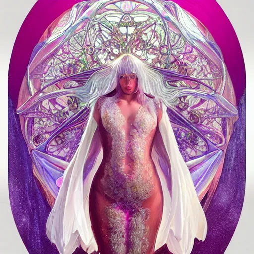 Image similar to a photograpic portrait of a anthropomorphic crystal wearing white clothes, iridescent colors, fantasy, intricate, elegant, highly detailed, digital painting, artstation, concept art, smooth, sharp focus, illustration, art by artgerm and H R Giger and alphonse mucha