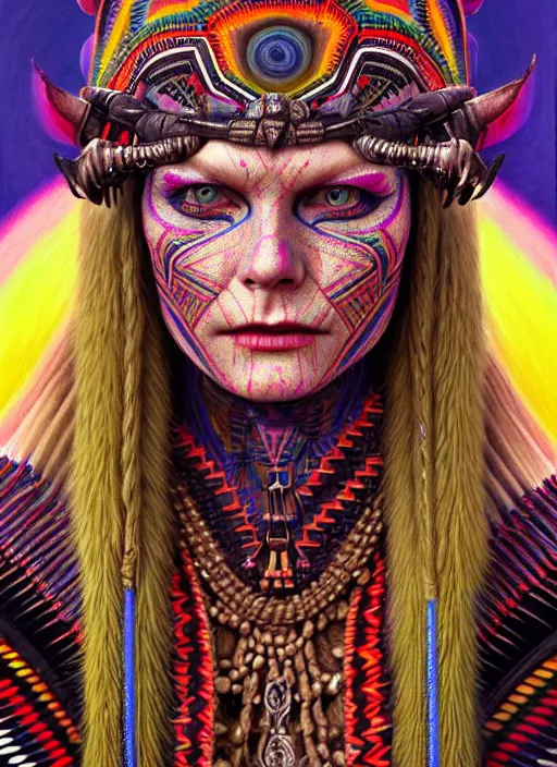 Image similar to portrait of kirsten dunst, hyper detailed ultra sharp aztec shaman warrior. trending on artstation, warpaint aesthetic, bloodwave, colorful, psychedelic, ornate, intricate, digital painting, concept art, smooth, sharp focus, illustration, art by artgerm and greg rutkowski and h. r. giger, 8 k