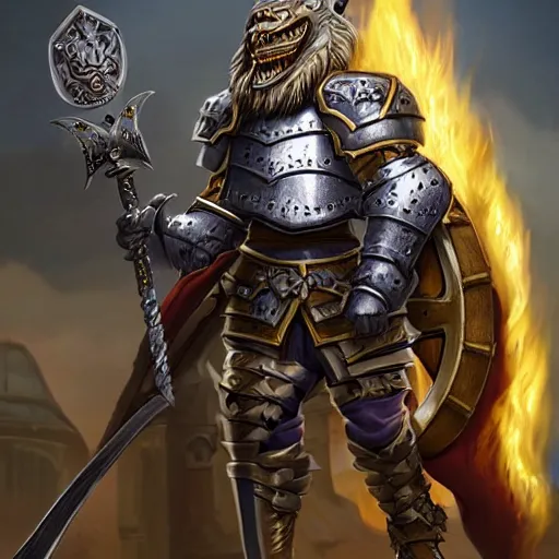 Image similar to holy paladin wearing full plate armor holding a monkey crest shield and holding flame tongue sword and riding a velociraptor, concept fantasy, dnd