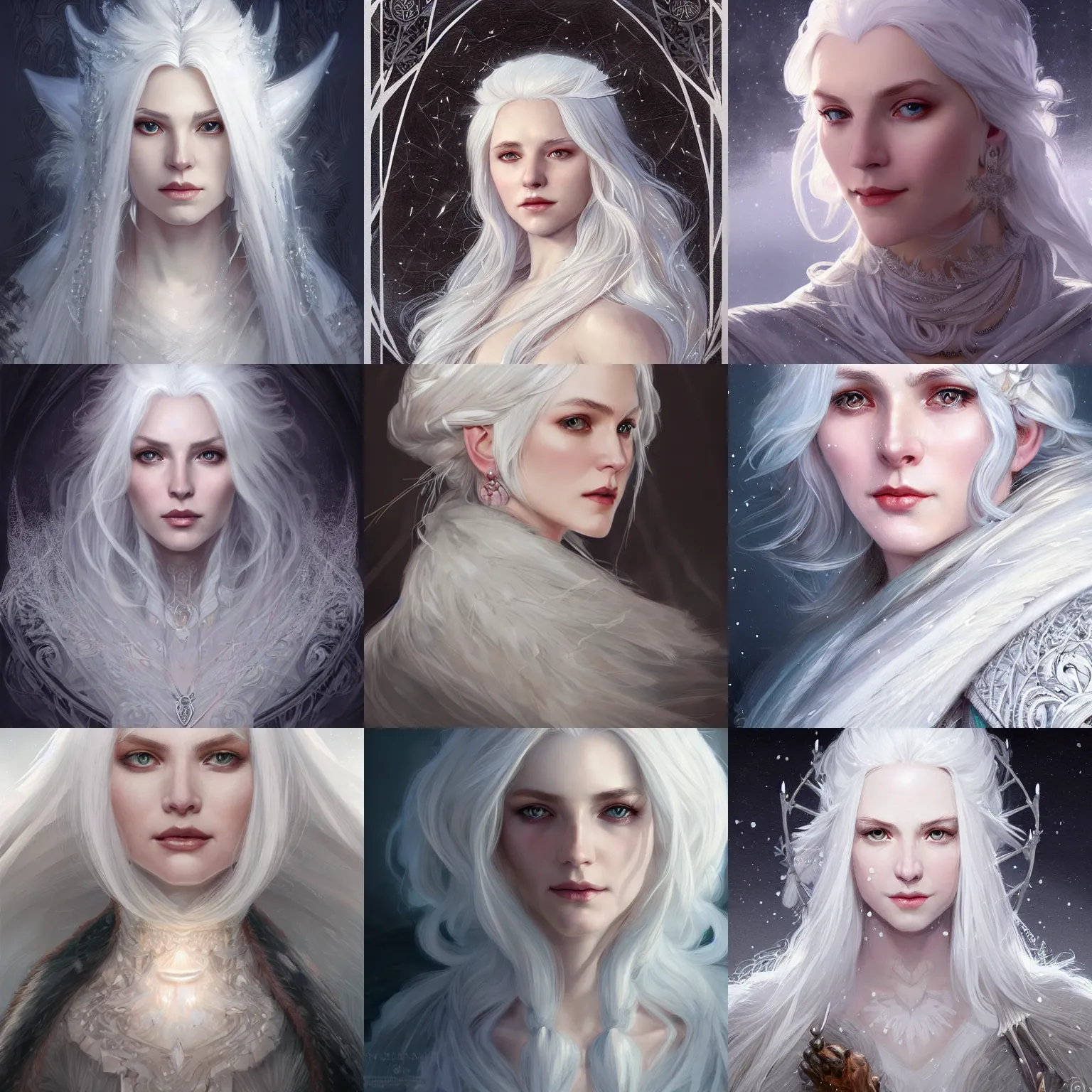 Prompt: portrait of a white-haired winter witch, elegant, intricate, headshot, D&D, fantasy, highly detailed, digital painting, artstation, concept art, sharp focus, illustration, art by artgerm and greg rutkowski and alphonse mucha