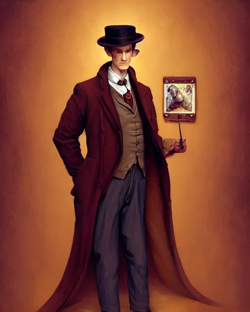 Prompt: anthropomorphic art of a detective matt smith, victorian inspired clothing by artgerm, victo ngai, ryohei hase, artstation. fractal papersand books. highly detailed digital painting, smooth, global illumination, fantasy art by greg rutkowsky, karl spitzweg