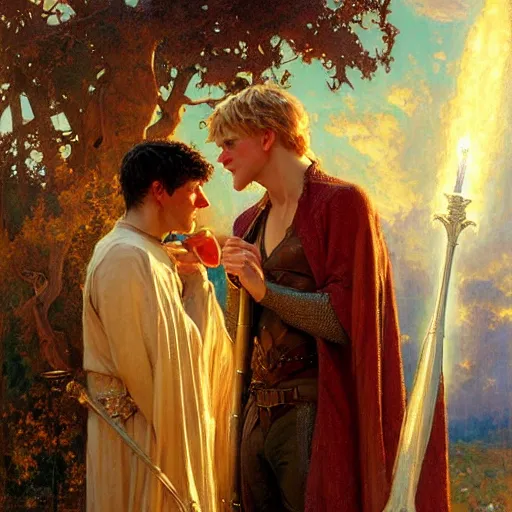 Image similar to attractive, arthur pendragon in love with attractive male, merlin the mage. highly detailed painting by gaston bussiere, craig mullins, j. c. leyendecker