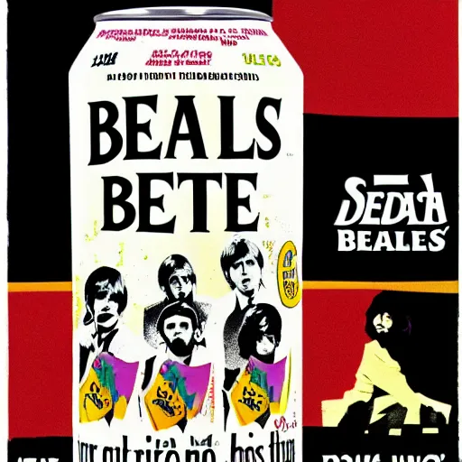 Prompt: an advertisement for a beatles soda, with the beatles pasted on the packaging, soda bottle with a small illustration of the beatles pasted on the packaging.