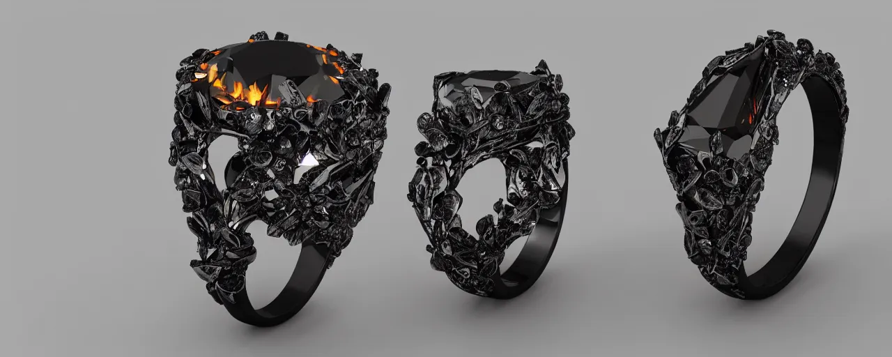 Prompt: black magic crystal ring, fire, flame, ashes, smooth, crystal, engravings, diamonds, product design, jewelry, colorful, art by gerald brom, greg rutkowski and artgerm, photo realism, unreal engine, c 4 d