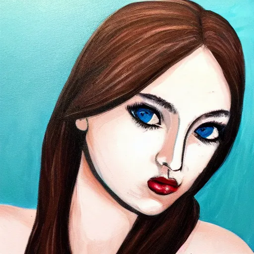 Prompt: painting of a young adult woman face with small blue eyes big brown browns long lashes high cheekbones and sharp jawline small plump lips straight nose white skin long bangs brown hair