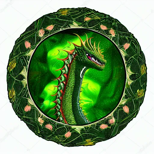 Prompt: rhaegal, green dragon, surrounded by rosebuds in fractal patterns