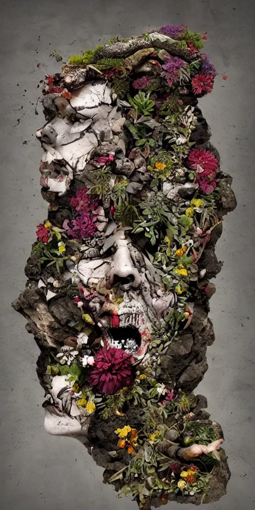 Image similar to the broken face of psychosis with destructive rage, made of stone and wood, is expels from his mouth multicolored herbs and flowers, conceptual surreal magic realism conceptual art,