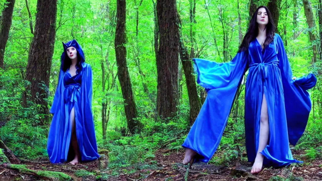 Prompt: beautiful sorceress, blue silky robe, long shot, mystical forest, in the style of davegore