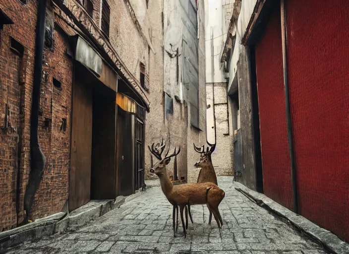 Prompt: a very high resolution image from a new movie, two deer wearing suits, in a narrow chinese alley, dark light long shadow beatiful backgrounds, dramatic lighting, directed by wes anderson