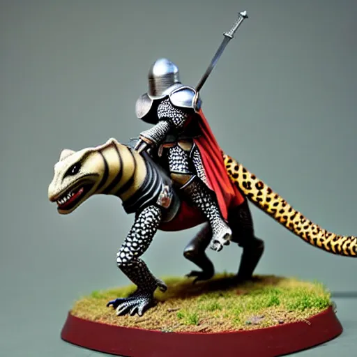 Image similar to A medieval knight riding on a giant two legged leopard gecko, highly detailed, painted wargaming miniature