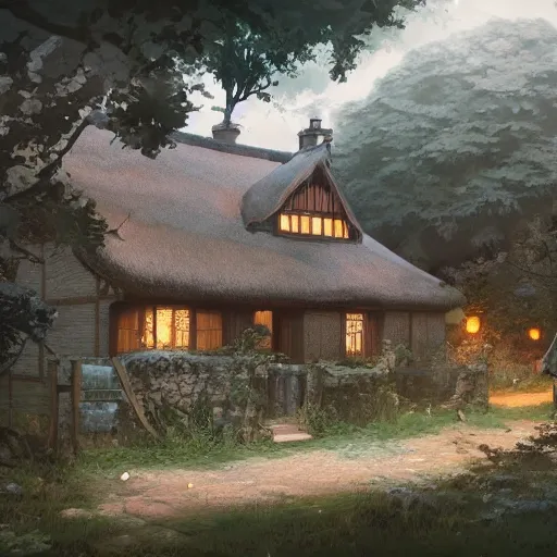 Prompt: concept art painting of an english european cottage with japanese architecture, in the woods, cozy, realistic, detailed, cel shaded, in the style of makoto shinkai and greg rutkowski and james gurney