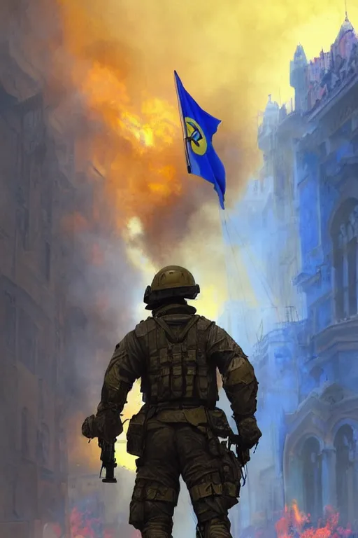 Image similar to special forces soldier with ukrainian blue and yellow flag watching red square burn, masculine figure, d & d, fantasy, bright atmosphere, volumetric lights, intricate, elegant, extremely detailed, digital painting, artstation, concept art, matte, smooth, sharp focus, hyper realistic, illustration, art by artgerm and greg rutkowski and alphonse mucha