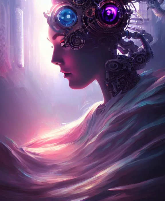 Image similar to whirlwind souls rushing inside metaverse, half body, tiara, robotic, android, cyborg, cyberpunk face, by loish, d & d, fantasy, intricate, elegant, highly detailed, colorful, vivid color, digital painting, artstation, concept art, art by artgerm and greg rutkowski and alphonse mucha and ruan jia