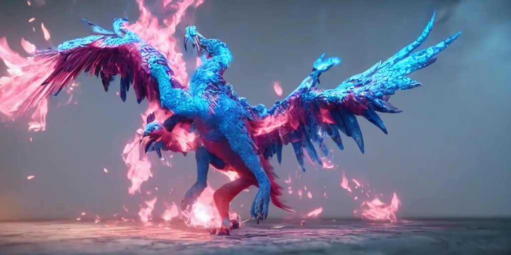 Image similar to pink and blue flaming phoenix, unreal engine 5, intricate, detailed, realistic