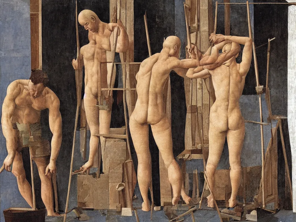 Prompt: The muscular worker renovating a house. Painting by Alex Colville, Piero della Francesca, Max Ernst.