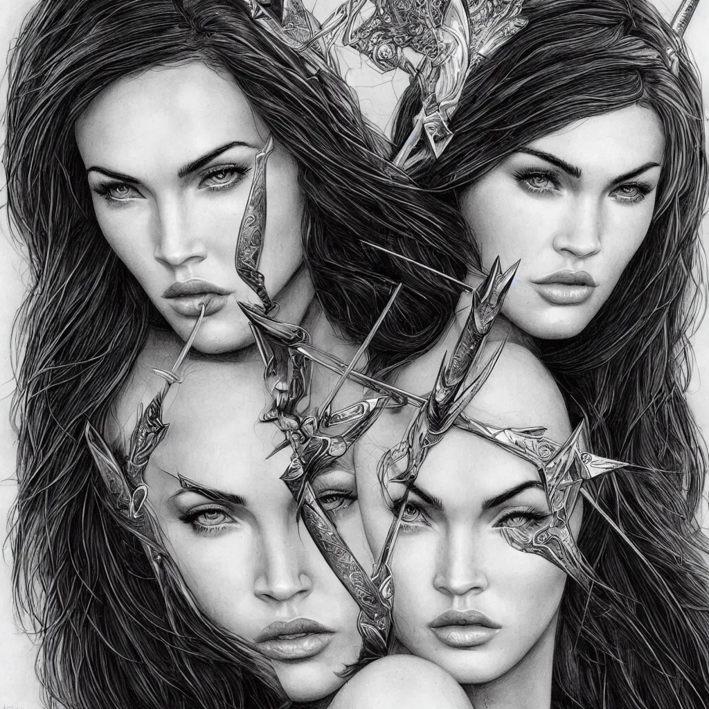 Image similar to portrait of beautiful megan fox as greek goddess aphrodite, archer, arrow on the head, beautiful piercing eyes, flowing blonde hair, realistic face, black and white drawing, in the style of greg rutkowski, fantasy, amazing detail, epic, intricate, elegant, smooth, sharp focus