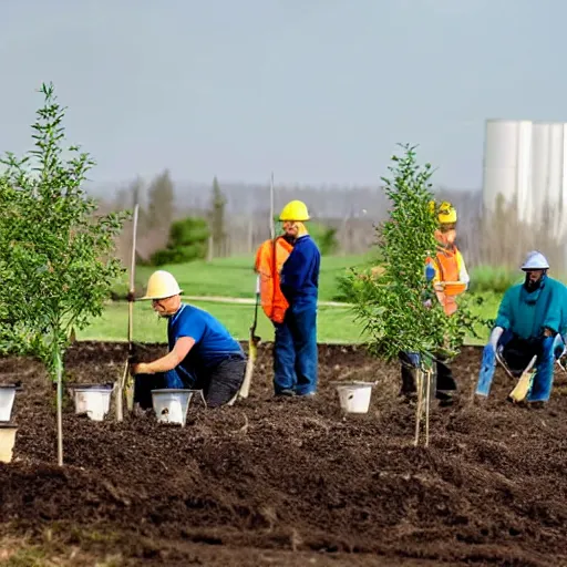 Image similar to a group of workers planting trees in a rural landscape with glowing clean white sci fi containment building in the distance