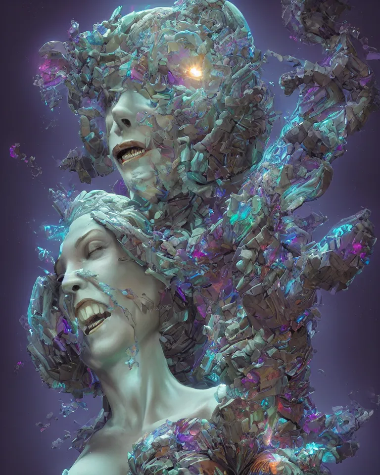 Image similar to a holographic portrait of a gorgeous etherial female gothic cemetery statue breaking apart by Andrew Ferez and RHADS, metaphysical painting, cosmic horror, octane render, trending on cgsociety, featured on zbrush central, grotesque, digital painting, vanitas, new sculpture, mystical
