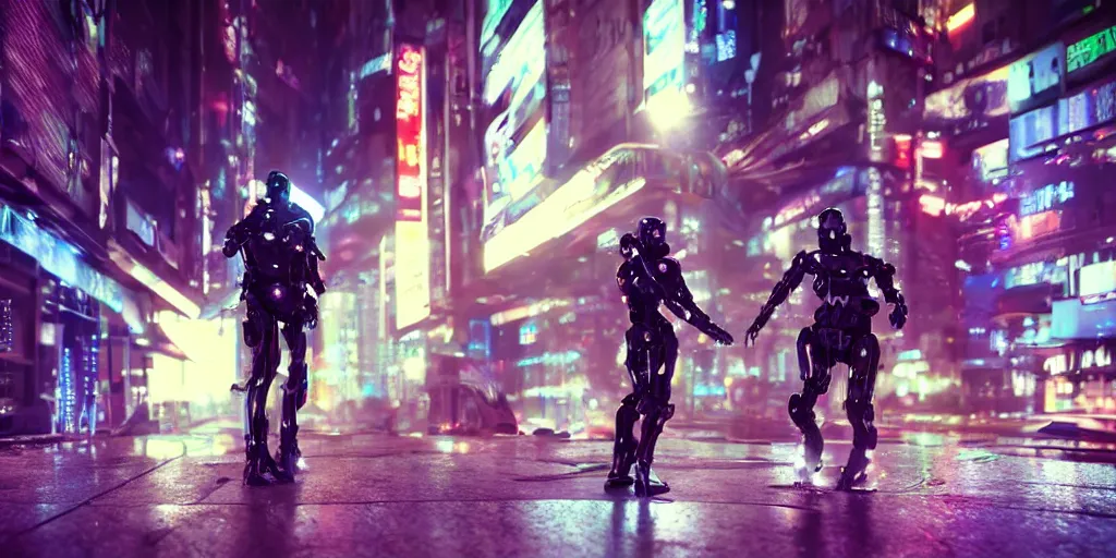 Image similar to Cyberpunk android chrome Robots dramatic movie scene with dynamic movement and motion blur and bokeh and forced perspective, shot on imax, cinematic scene, cinematographic composition, CineStill 800T Film