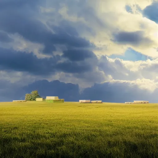 Prompt: a beautiful realistic matte painting landscape of rolling fields of england with clouds made of cubes. cubic clouds. soft focus