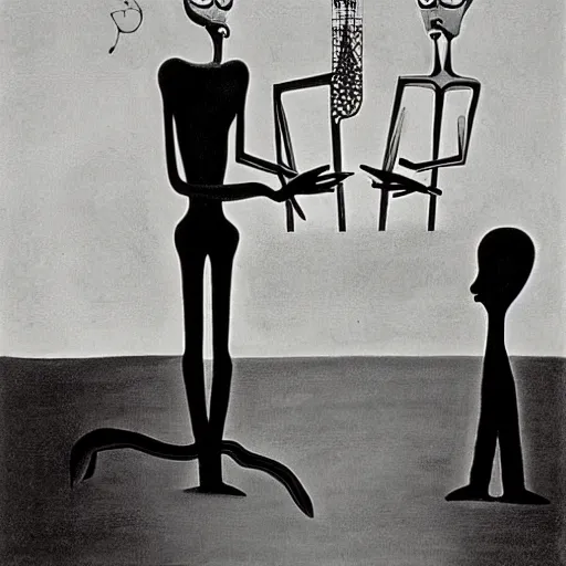 Prompt: Two extremely tall mechanical beings in a deep conversation. Dali. Yves Tanguy.