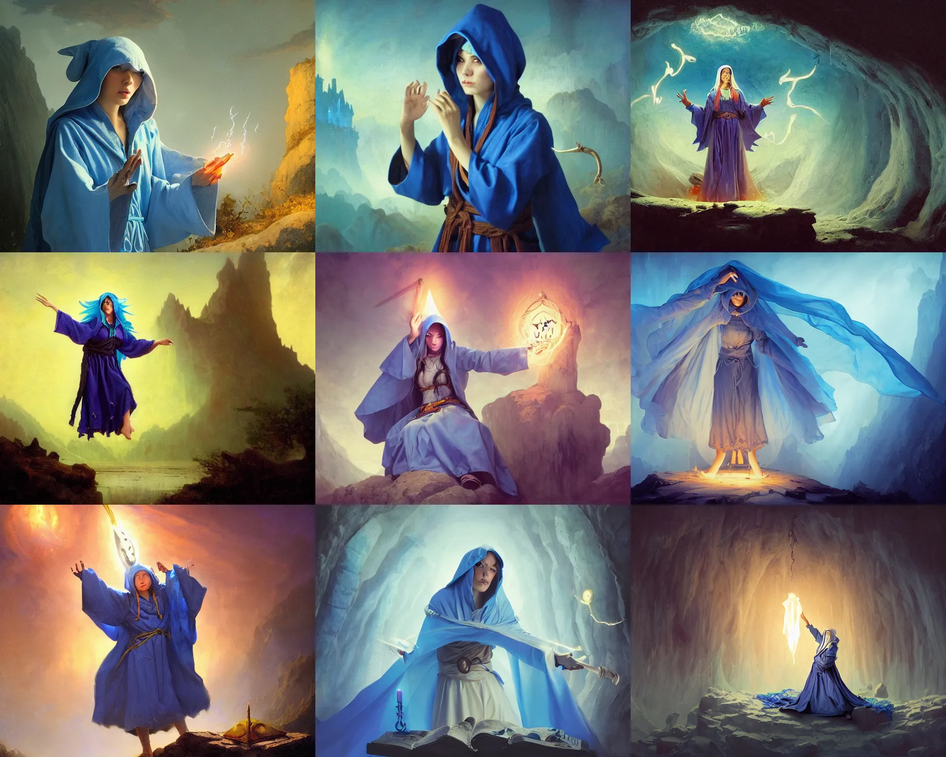 Prompt: blue haired female with hooded cult robes casting a magic spell, floating symbols, cave, dnd, rpg, cosplay, masterpiece, portrait, close shot, fantasy artwork, high fantasy, by karl spitzweg, whimsical