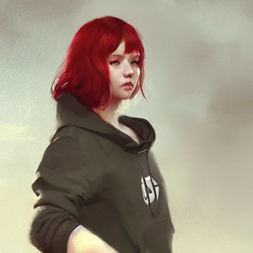 Image similar to a cute tiny girl with short red hair wearing a hoodie, digital art, very beautiful face, pretty face, very detailed eyes, full body illustration, 8 k resolution, soft painting, by greg rutkowski, wlop, rossdraws,