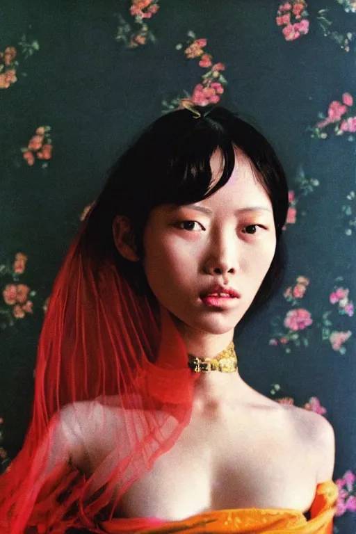 Image similar to hyperrealism close-up fashion asian woman portrait by Terry Richardson photo from The Holy Mountain by Alejandro Jodorowsky in style of Francisco Goya