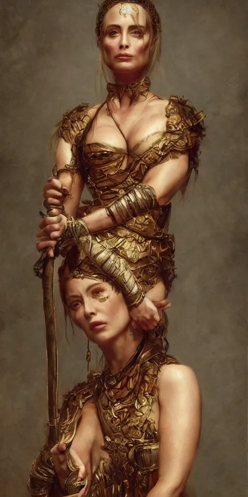 Image similar to the portrait of emanuelle beart as amazon in intricate dress by roberto ferri, fantasy, witcher, very detailed oil painting, masterpiece, 8 k