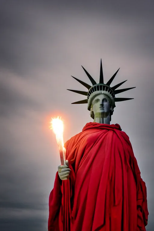 Prompt: award winning photo of the Statue of Liberty at Ellis Islandwearing Handmaid's Tale Costume, red robe, white bonnet, holding a torch, dramatic, cinematic lighting, 4k