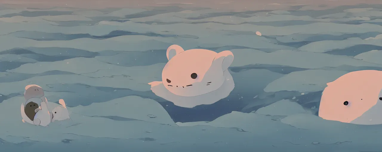 Image similar to a baby harp seal sinking into arctic ocean, atey ghailan, goro fujita, studio ghibli, rim light, scary lighting, clear focus, very coherent,