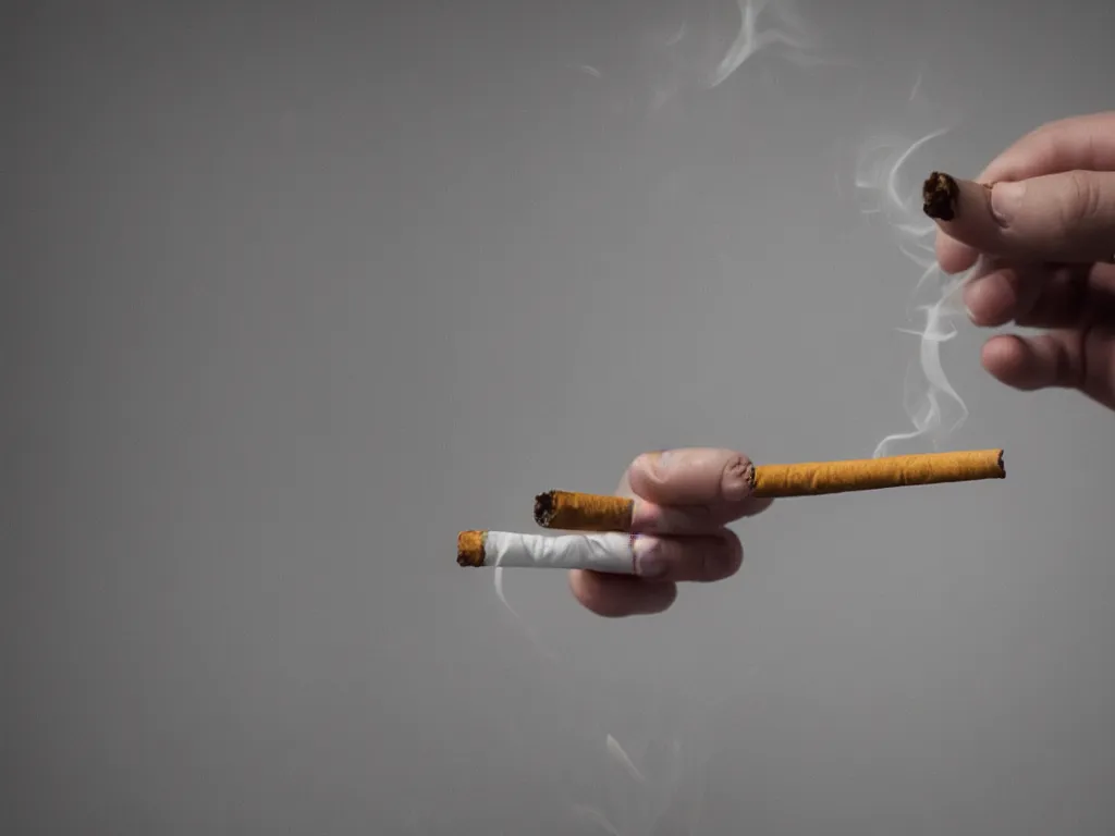 Prompt: Close-up view of hyperrealistic thin soft hand holding cigarette with smoke, photo by George Marks, 4K