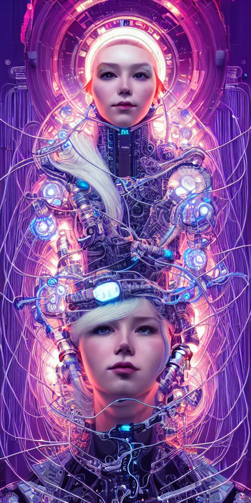Prompt: high quality, high detailed portrait of a snow queen cyberpunk character in a futuristic world, hyperrealism, intricate details, cables, wires, connectors, led. tristan eaton, victo ngai, artgerm, rhads, ross draws, alphonse mucha, pastel colors, vintage, artstation, vector. 8 k