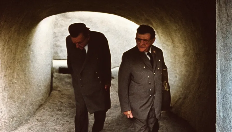 Prompt: 60s movie still close-up portrait of Josip Broz Tito walking through a tunnel, cinestill 800t 120mm eastmancolor, cinematic, very detailed, skin texture, high quality