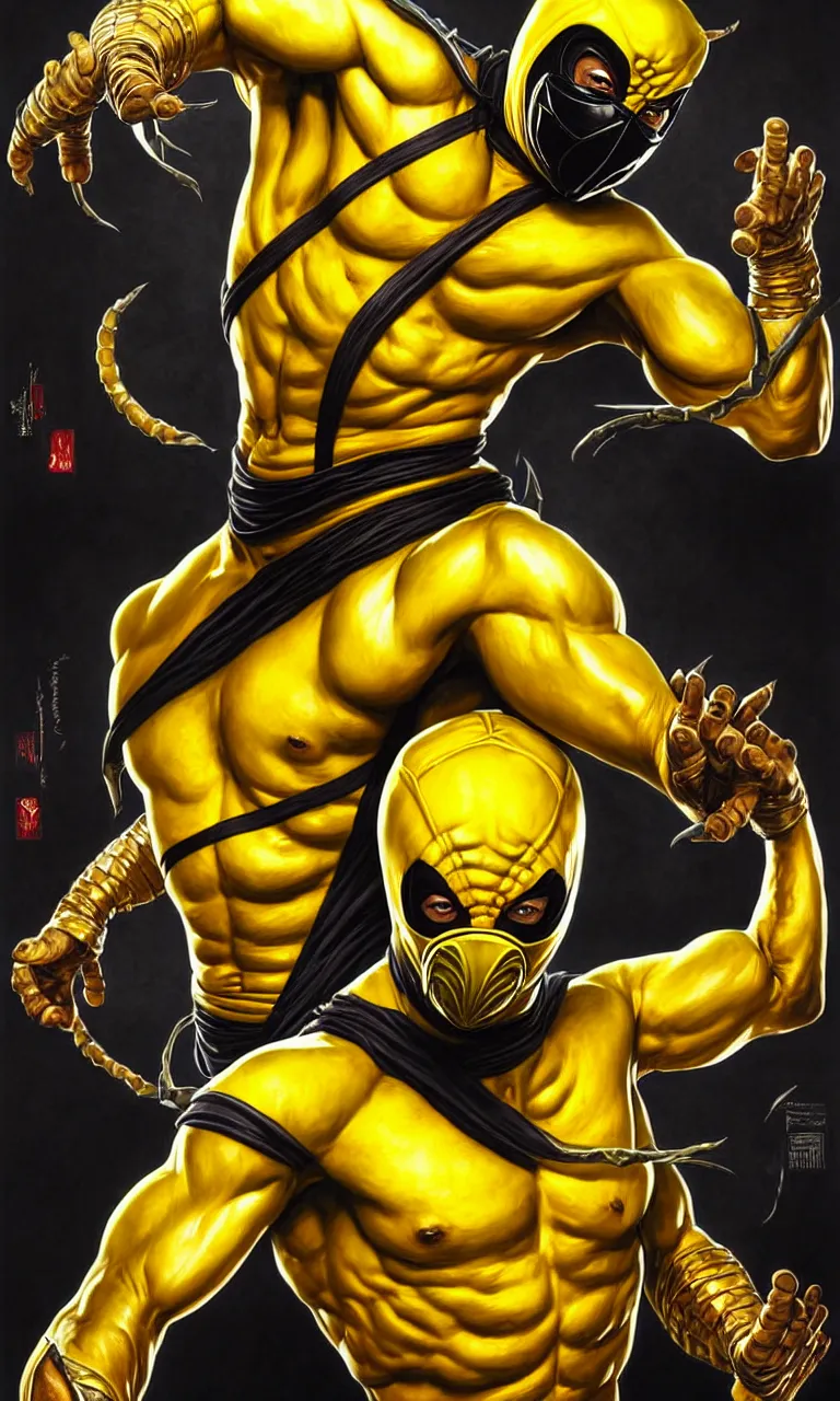 Image similar to hyper realistic full body portrait of scorpion from mortal kombat, mk ninja character, yellow ninja mask, tight yellow ninja suit, by lee bermejo, alphonse mucha and greg rutkowski