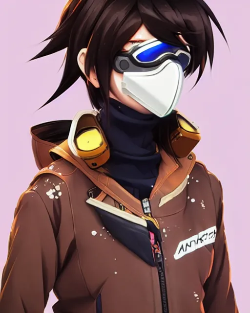 Image similar to Anime as Tracer Overwatch wearing snowboard mask, wearing brown leather coat || cute-fine-face, pretty face, realistic shaded Perfect face, fine details. Anime. realistic shaded lighting poster by Ilya Kuvshinov katsuhiro otomo ghost-in-the-shell, magali villeneuve, artgerm, Jeremy Lipkin and Michael Garmash and Rob Rey as Overwatch Tracer