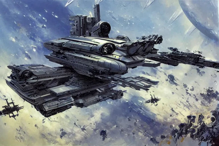 Image similar to a futuristic troop transport with a huge laser cannon on top, painting by john berkey