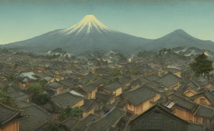 Prompt: birds eye view of a small 1800s japanese village , close up shot, at dusk, 4k, rule of thirds, extreme detail, hazy, intricate ink illustration, surreal, surrealist, trending on artstation, cgsociety, hd, complimentary colours, realistic lighting, by Albert Bierstadt, Frederic Edwin Church.