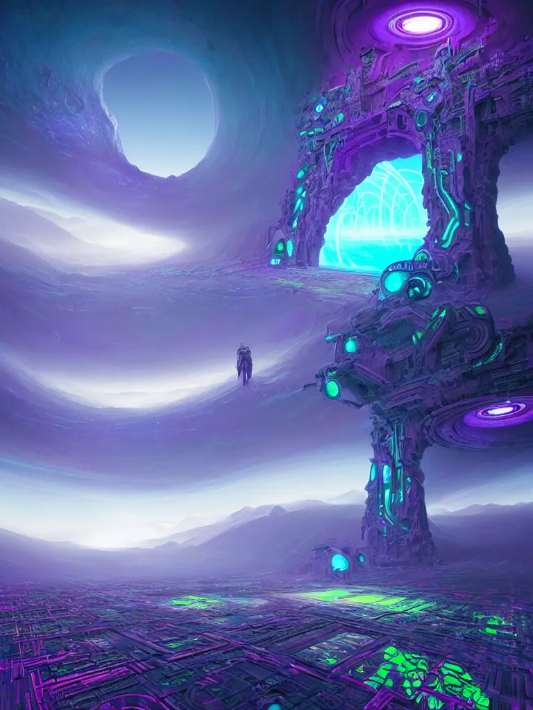 Image similar to entrance to ethereal realm, rendered in unreal engine, central composition, symmetrical composition, dreamy colourful cyberpunk colors, 6 point perspective, fantasy landscape with anthropomorphic!!! terrain!!! in the styles of igor morski, jim warren, and rob gonsalves, intricate, hyperrealistic, volumetric lighting, big sky, distinct horizon