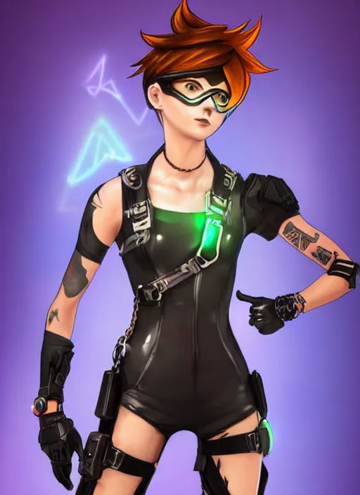 Image similar to full body digital artwork of tracer overwatch, wearing black iridescent rainbow latex tank top, 4 k, expressive happy smug expression, makeup, in style of mark arian, wearing detailed black leather collar, wearing chains, black leather harness, leather cuffs around wrists, detailed face and eyes,