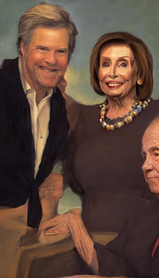 Prompt: nancy pelosi with kevin hart, back lit, oil painting by rembrandt