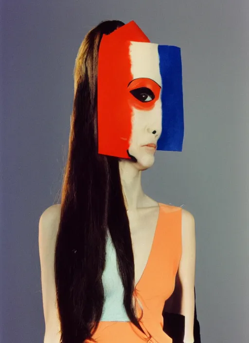 Image similar to a fashion portrait photograph of a woman wearing a plastic mask designed by mark rothko, 3 5 mm, color film camera,