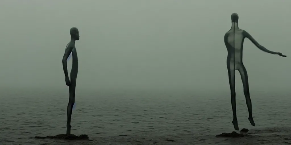 Prompt: a strange inflatable man made of transparent latex dance on the sea coast in light fog, film still from the movie directed by denis villeneuve with art direction by zdzisław beksinski, close up, telephoto lens, shallow depth of field