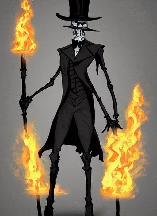 Image similar to DND character concept, Tall skeletal figure, wearing a deep black suit!!! and tie and top hat, holding a golden cane. Surrounded by light blue!!! flames!!