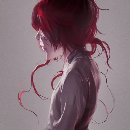 Image similar to full body portrait of a korean schoolgirl with long hair and bangs, her arms are mutating into thin red tedrils, dramatic lighting, illustration by Greg rutkowski, yoji shinkawa, 4k, digital art, sci-fi horror concept art, trending on artstation