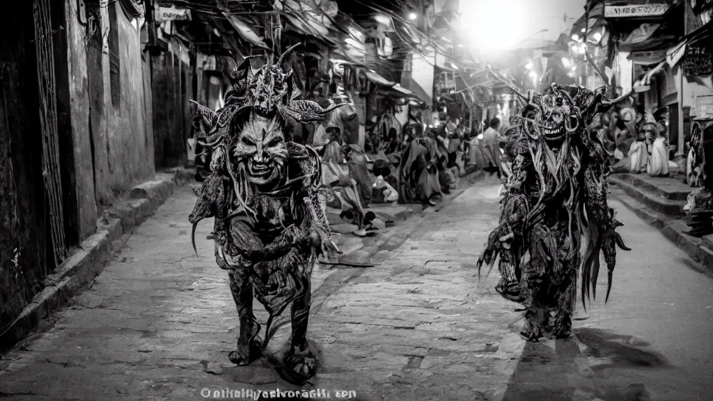 Image similar to khyah nepali demon roaming the streets of kathmandu at night, moonlight, scary looking