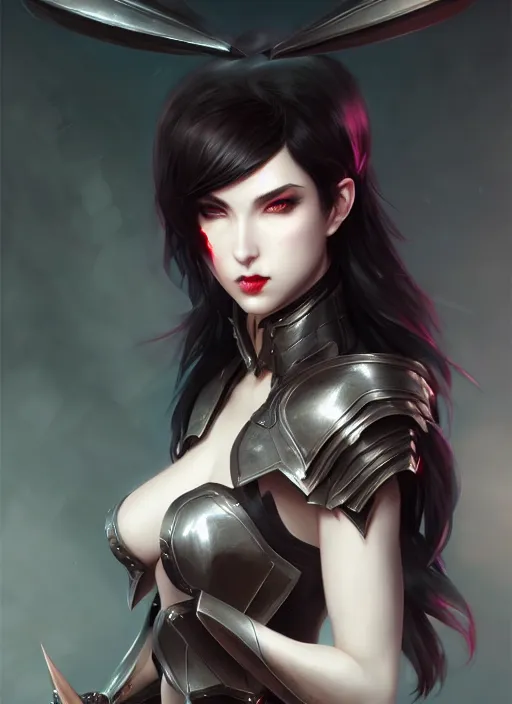 Image similar to full plate armor!!! beautiful and elegant dark hair female vampire!! gorgeous ayes!! character concept art, sharp focus, octane render! unreal engine 5! highly rendered!! trending on artstation!! detailed linework!! illustration by artgerm, wlop, and chie yoshii