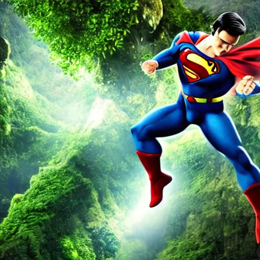 Image similar to captain planet fighting superman above a rainforest, 3 d render, hyper realistic, 4 k