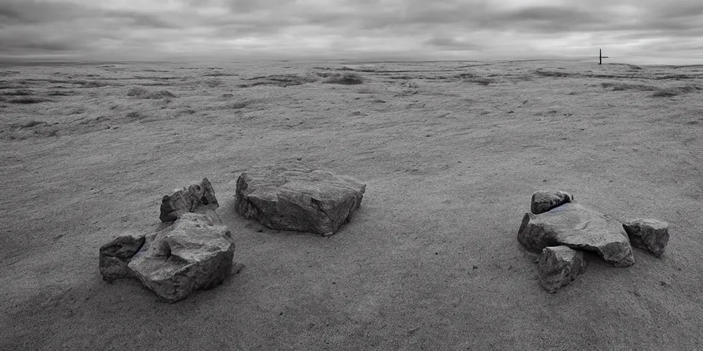 Image similar to a breathtaking surreal photograph of windswept dunes scandinavian landscape, a withered ancient altar + stone in center, blue - grey filter, ultra wide shot, cinematic, 8 k, dramatic lighting