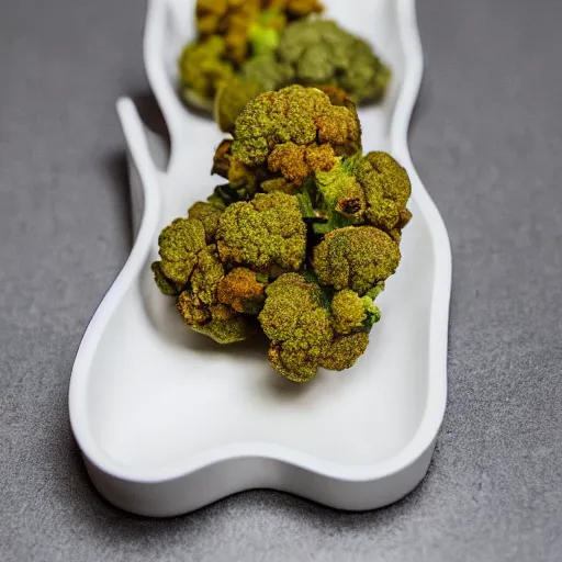 Prompt: dehydrated cauliflower edible, cannabis, high thc, California high end kitchen